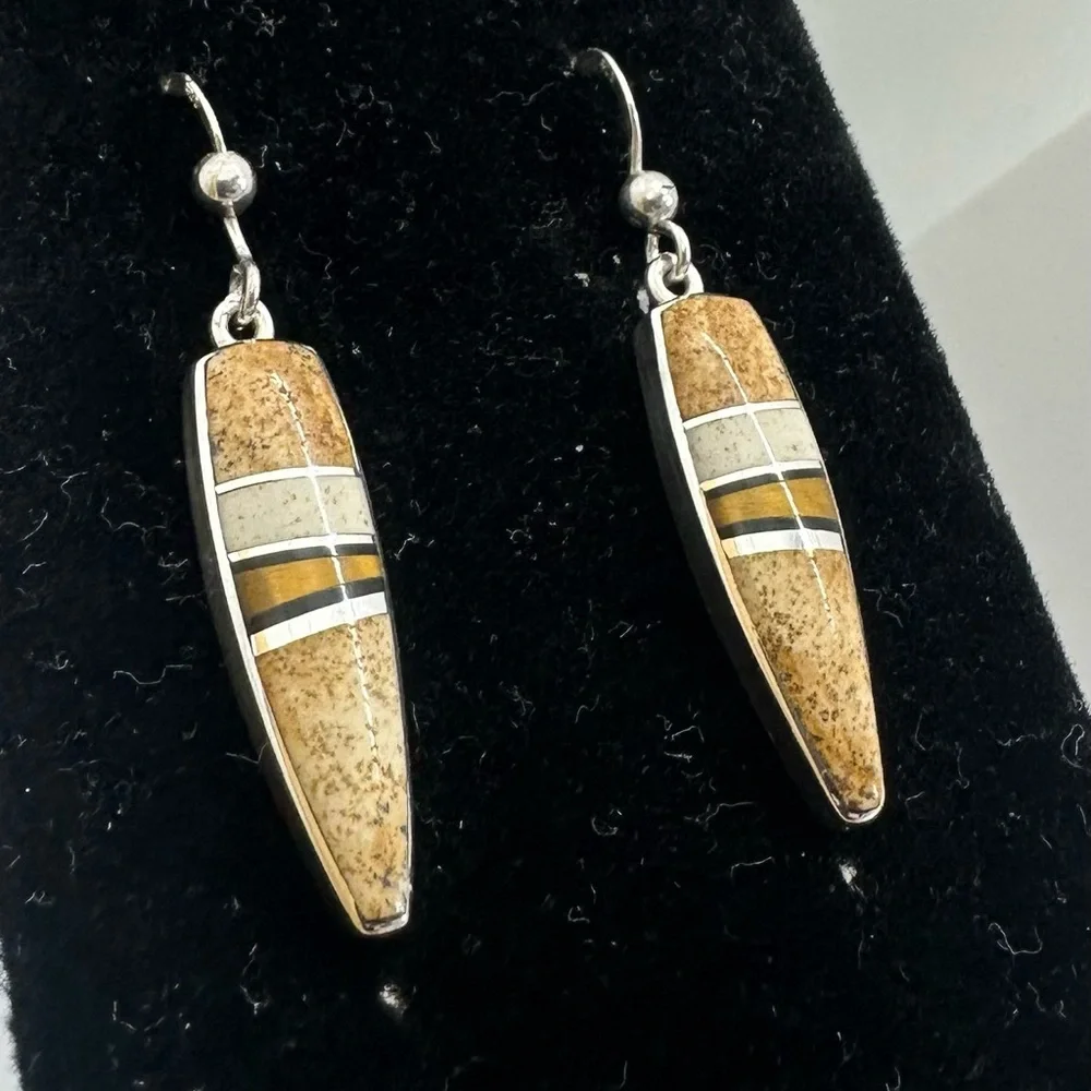 KENNETH BITSIE Navajo Southwest Sterling Silver Inlay Jasper Tiger Eye Earrings